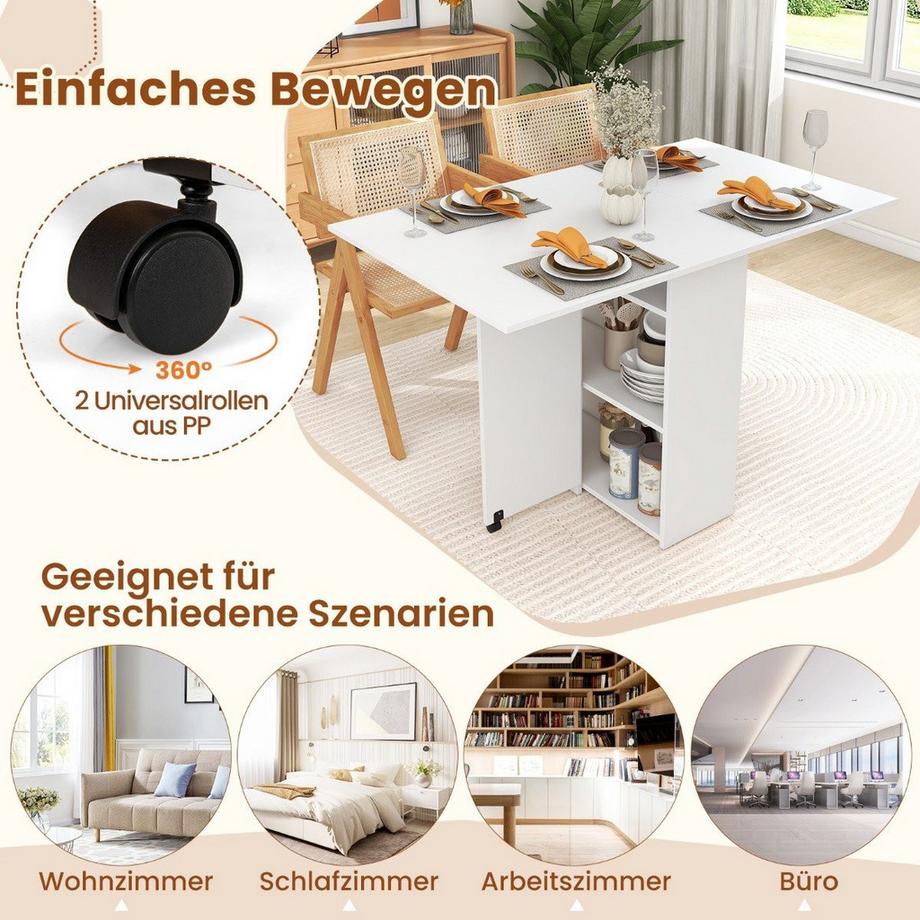 Northix Esstisch klappbar mit 2 Rädern mobiler Klapptisch Esszimmertisch mit 2-stufiger Ablagefläche und Schublade Weiß  
