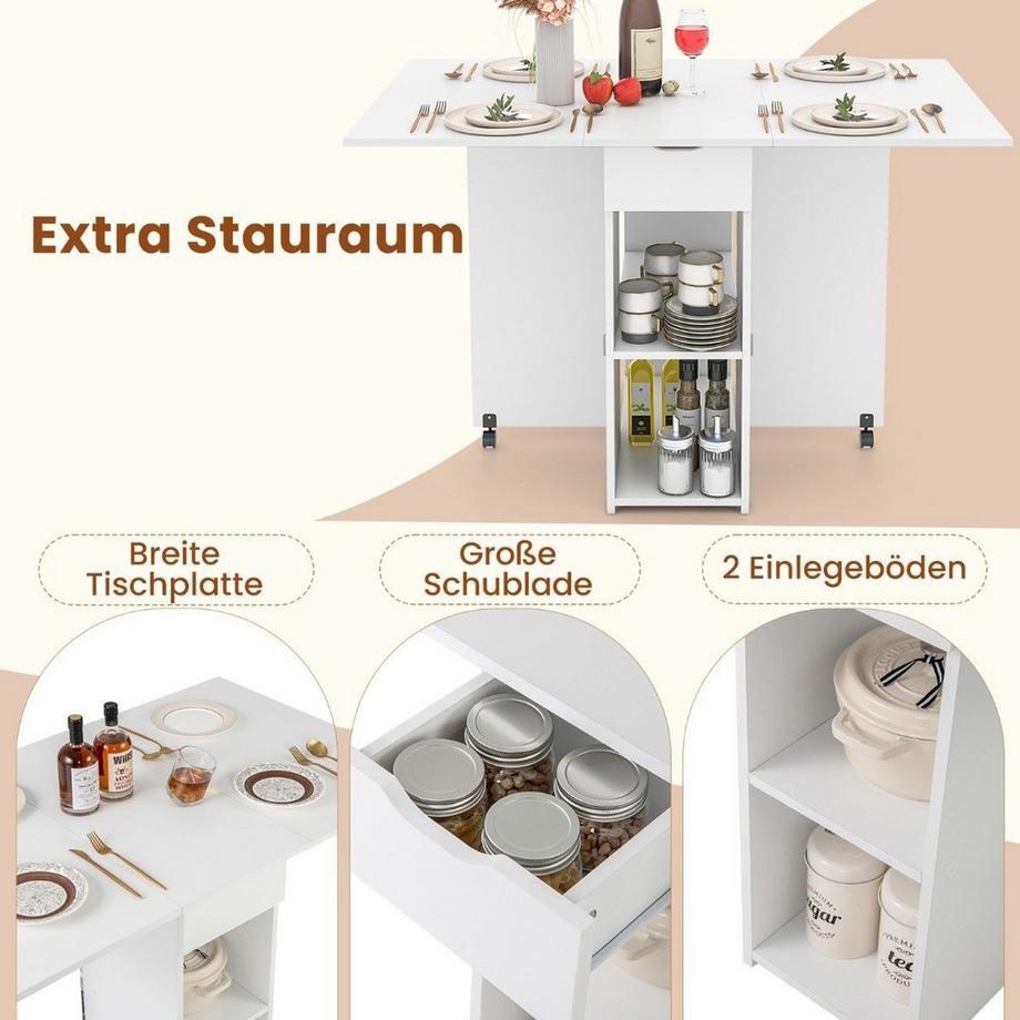Northix Esstisch klappbar mit 2 Rädern mobiler Klapptisch Esszimmertisch mit 2-stufiger Ablagefläche und Schublade Weiß  