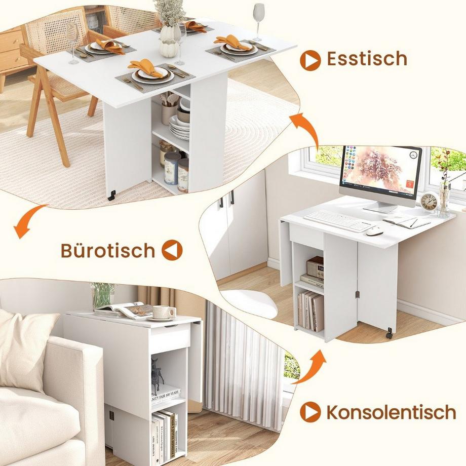 Northix Esstisch klappbar mit 2 Rädern mobiler Klapptisch Esszimmertisch mit 2-stufiger Ablagefläche und Schublade Weiß  
