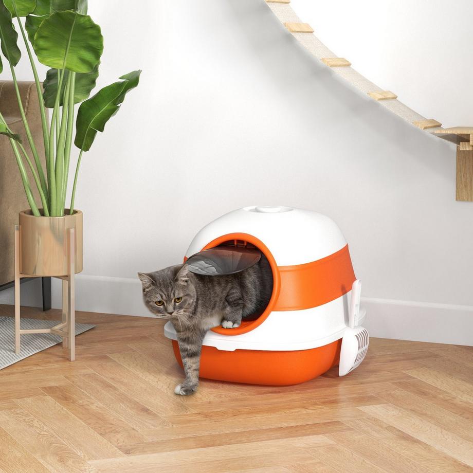 Northio  Bac À Litière Pour Chat Avec Couvercle Bac À Litière Pour Chat Déodorant Grille De Sol Pelle Pour Chats Jusqu'À 5 Kg Blanc Orange 52X41X38Cm 