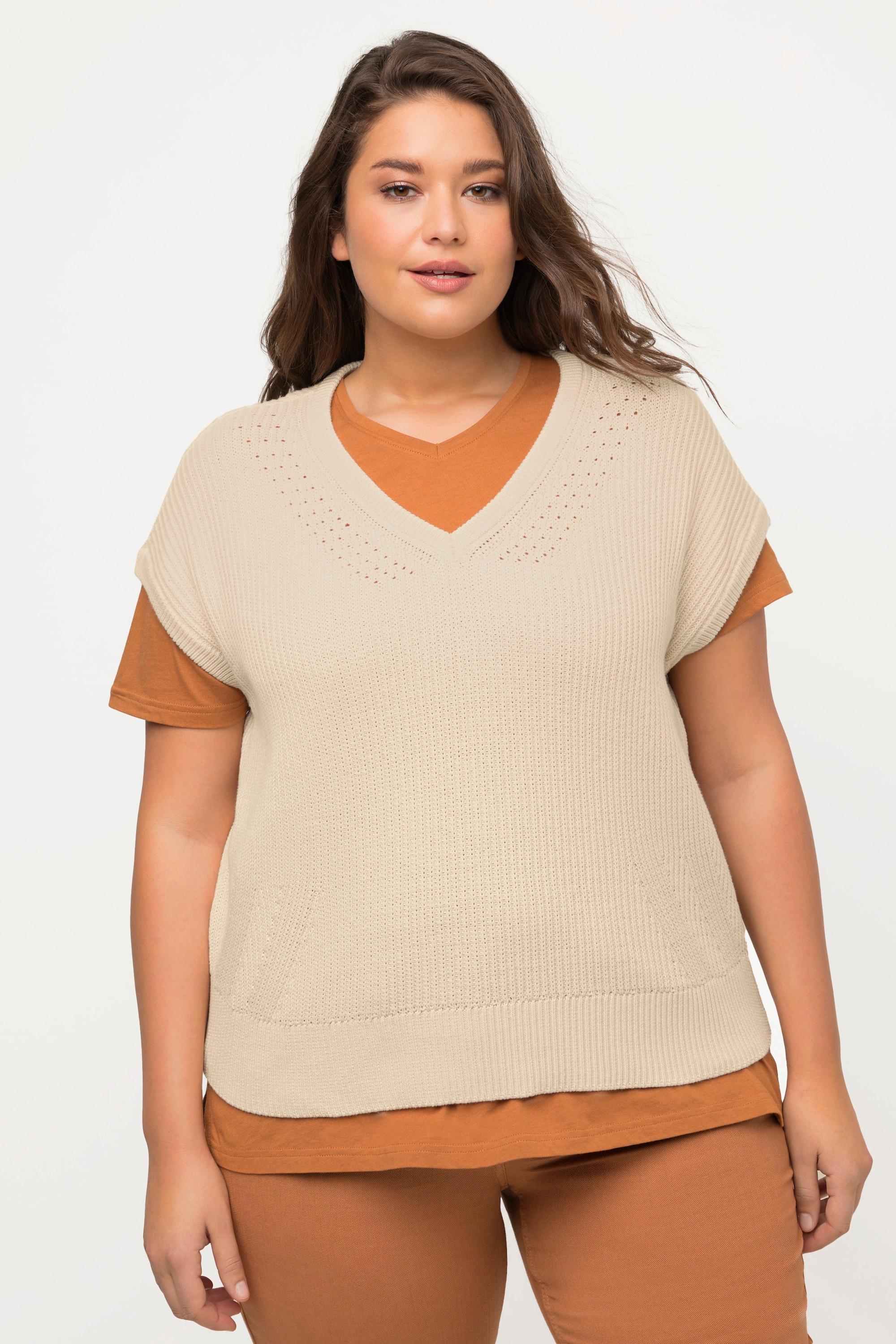 Ulla Popken Pull sans manches décolleté en V profond coton bio  