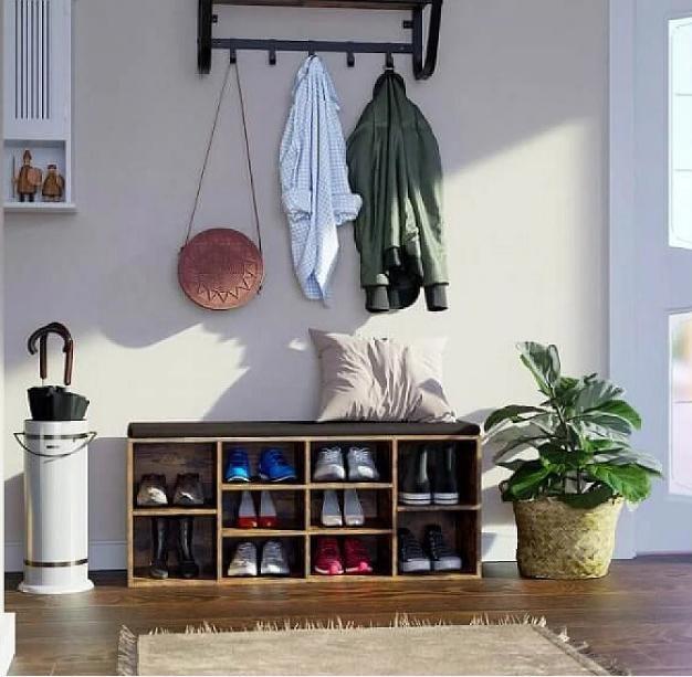 Pricenet Glänzende Schuhbank mit Netzregalen und Kissen  