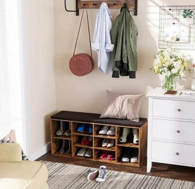 Pricenet Glänzende Schuhbank mit Netzregalen und Kissen  