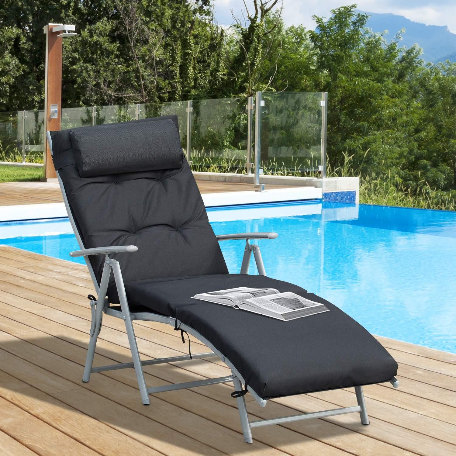 Northio Chaise longue de plage pliable, réglable sur 7 niveaux, résistante aux intempéries, avec coussin, ligne de texte, polyester, métal, 137 x 63,5 x 100,5 cm, noirAoso  