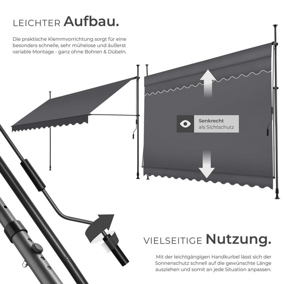 Tectake Klemmmarkise  mit Handkurbel UV-beständig  