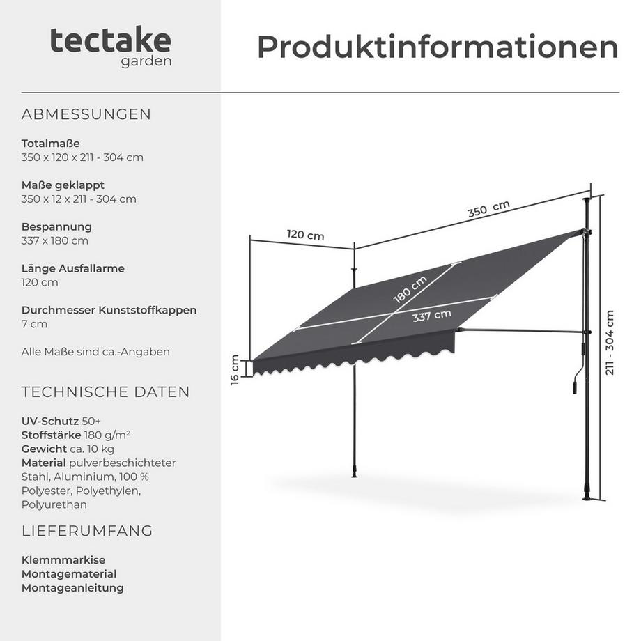 Tectake Klemmmarkise  mit Handkurbel UV-beständig  