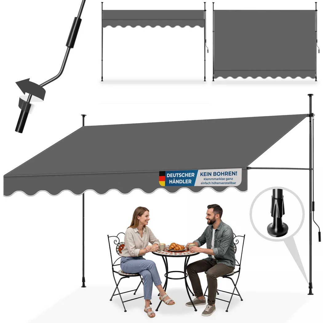 tectake® Klemmmarkise mit Handkurbel, ohne Bohren, UV-beständig, bis 90° neigbar, wasserabweisend