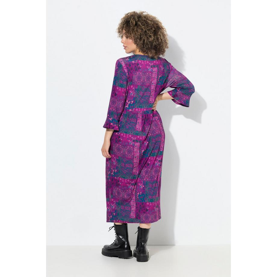 Ulla Popken Jersey Midikleid Patchdruck A-Linie Rundhals 3/4-Arm  