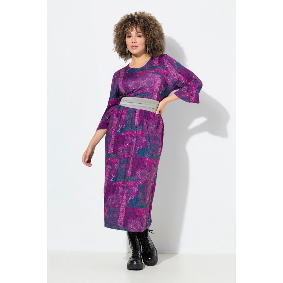 Ulla Popken Jersey Midikleid Patchdruck A-Linie Rundhals 3/4-Arm  