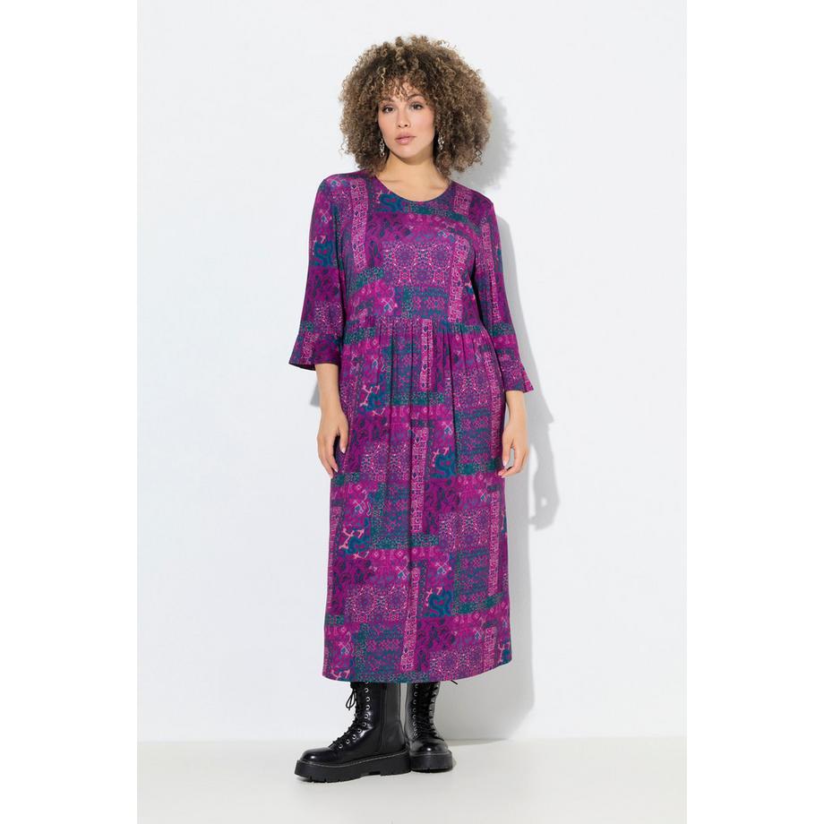 Ulla Popken Jersey Midikleid Patchdruck A-Linie Rundhals 3/4-Arm  
