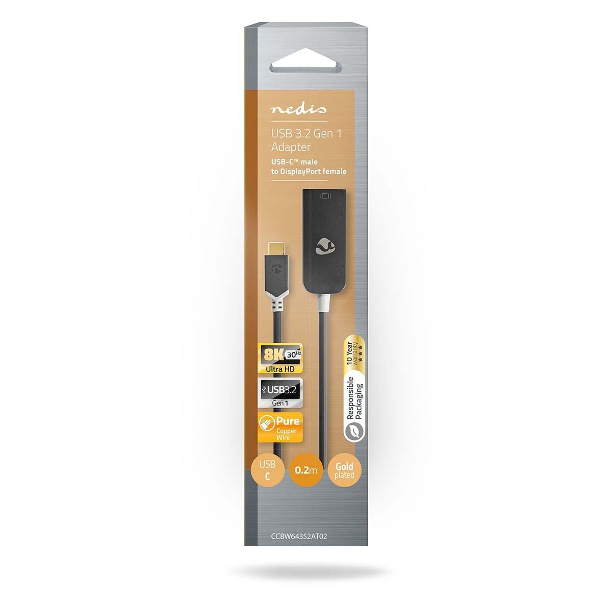 Nedis  Adaptateur USB-C™ | USB 3.2 Gen 1 | USB-C™ mâle | DisplayPort femelle | 8K@30Hz | 0.20m | Rond | Plaqué or | PVC | Anthracite | Boîte avec fenêtre 