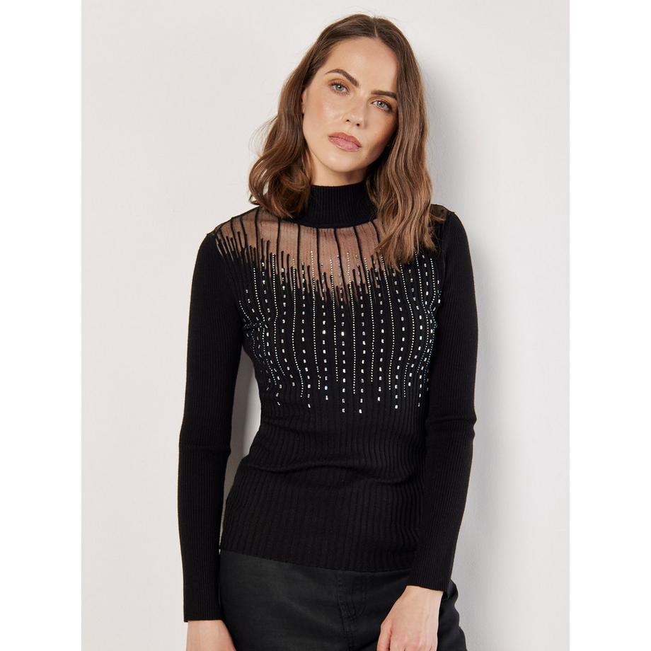 APRICOT Top a coste in maglia con pannello trasparente decorato  