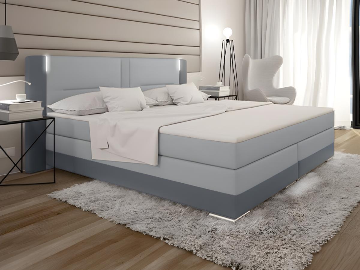 DREAMEA Set boxspring completo testata con LED + reti + materasso + topper ASTI similpelle antracite e grigio chiaro  