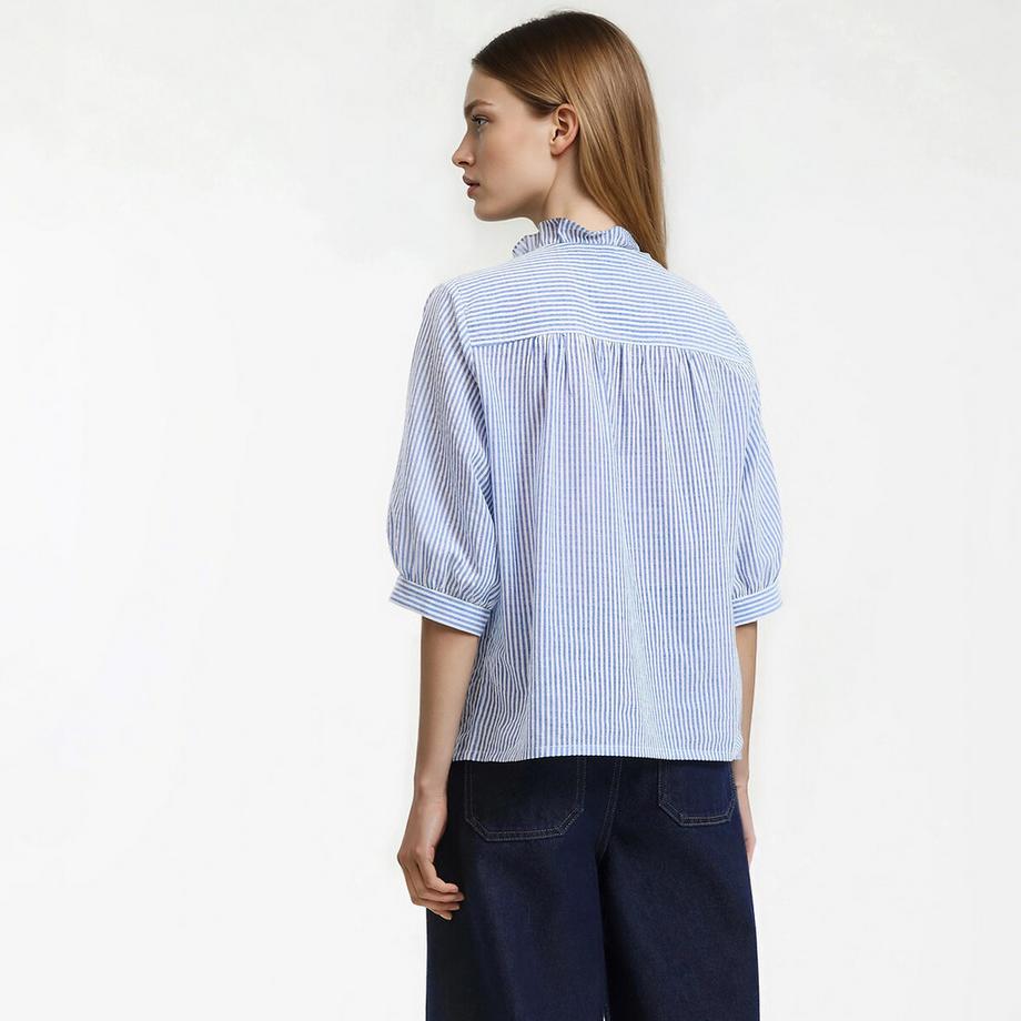 La Redoute Collections Gestreifte Baumwollbluse mit viktorianischem Kragen und Ellbogenärmeln  