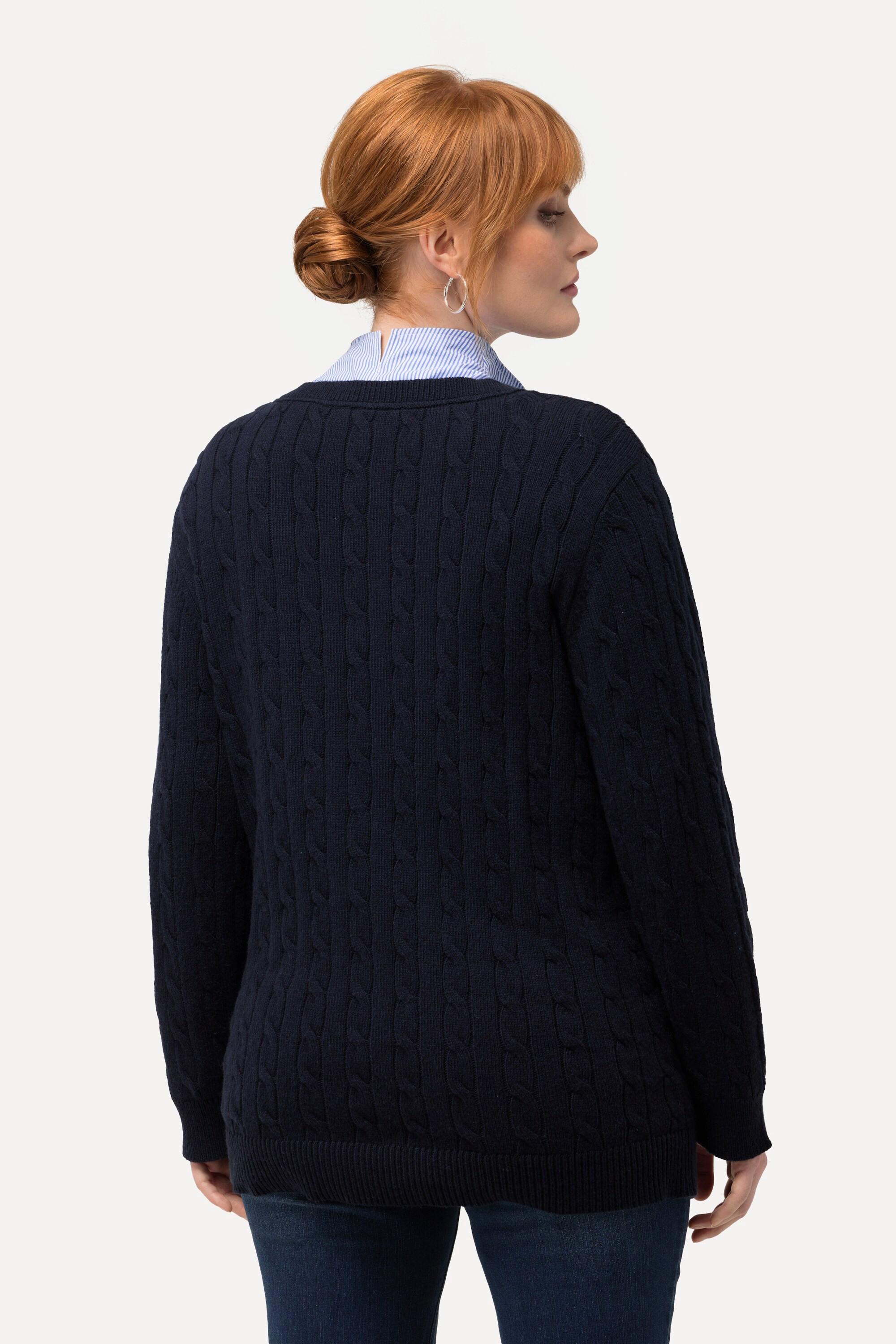 Ulla Popken  Pullover, Zopfmuster, V-Ausschnitt, Langarm 