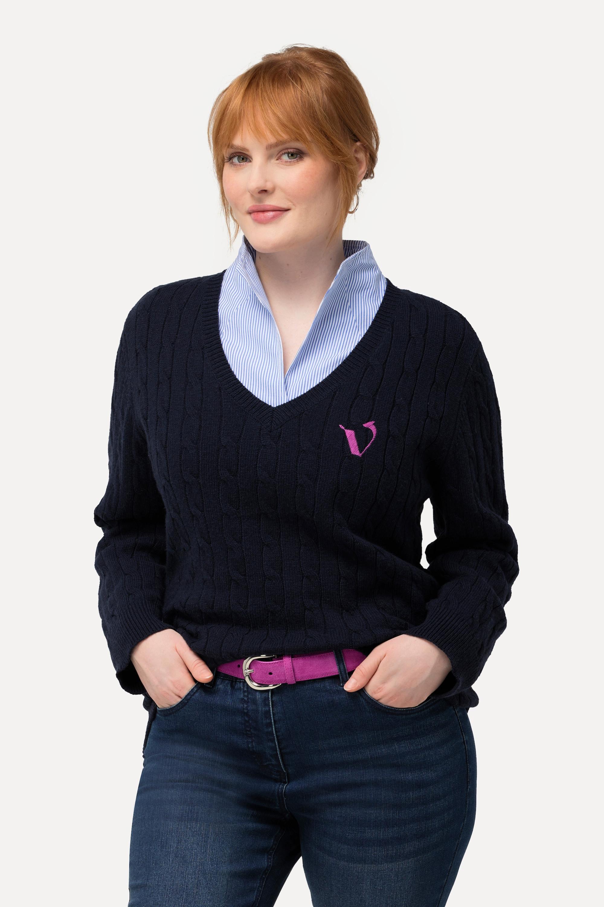 Ulla Popken  Pullover, Zopfmuster, V-Ausschnitt, Langarm 