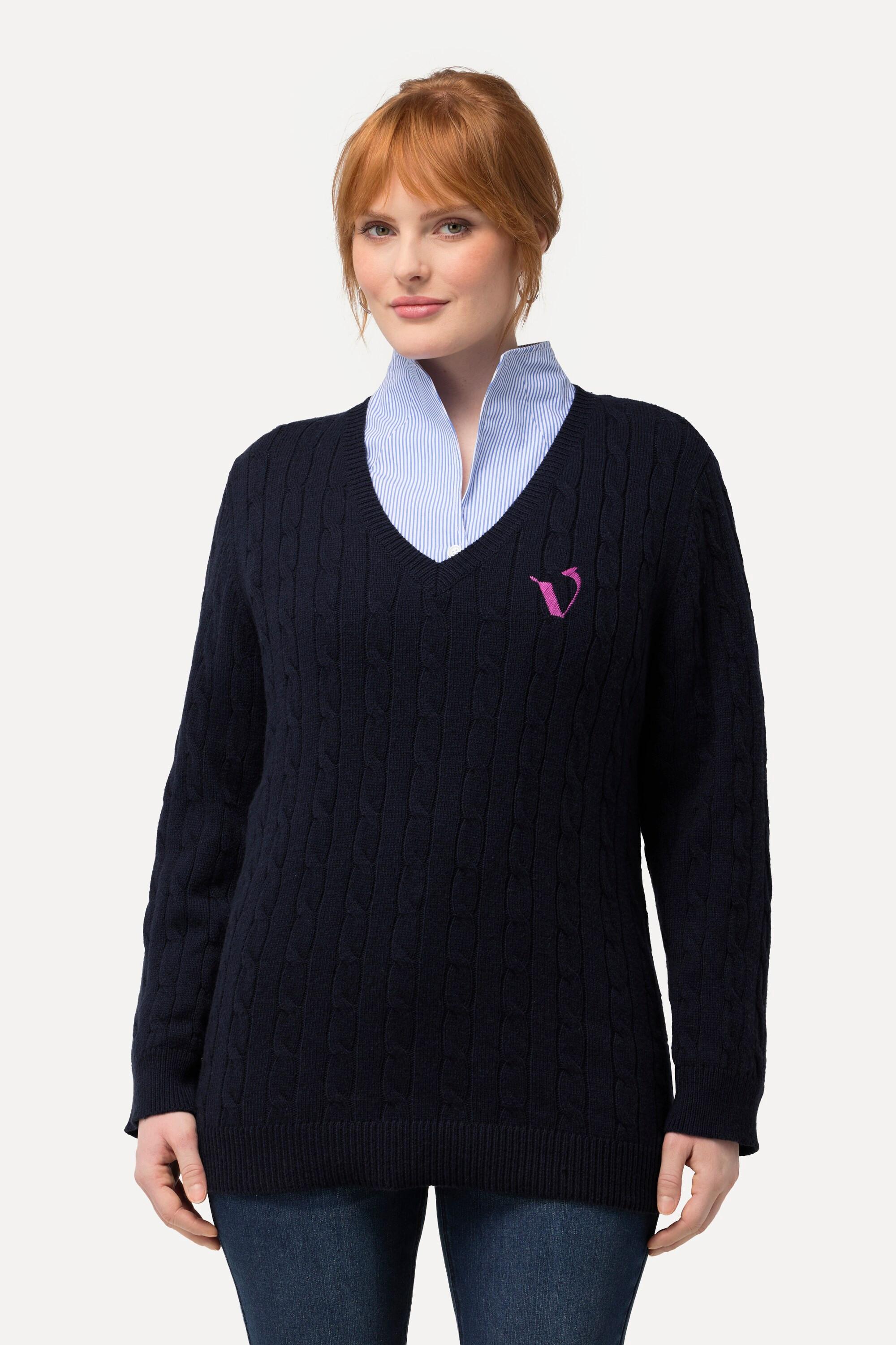 Ulla Popken  Pullover, Zopfmuster, V-Ausschnitt, Langarm 