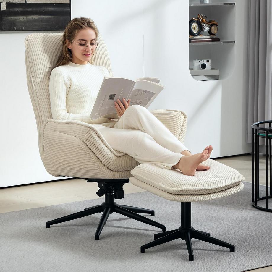 Northio Relaxsessel mit Hocker 360°Drehbarer Fernsehsessel mit Liegefunktion TV-Sessel mit Cord-Optik, Ruhesessel für Wohnzimmer, Schlafzimmer, Beige  