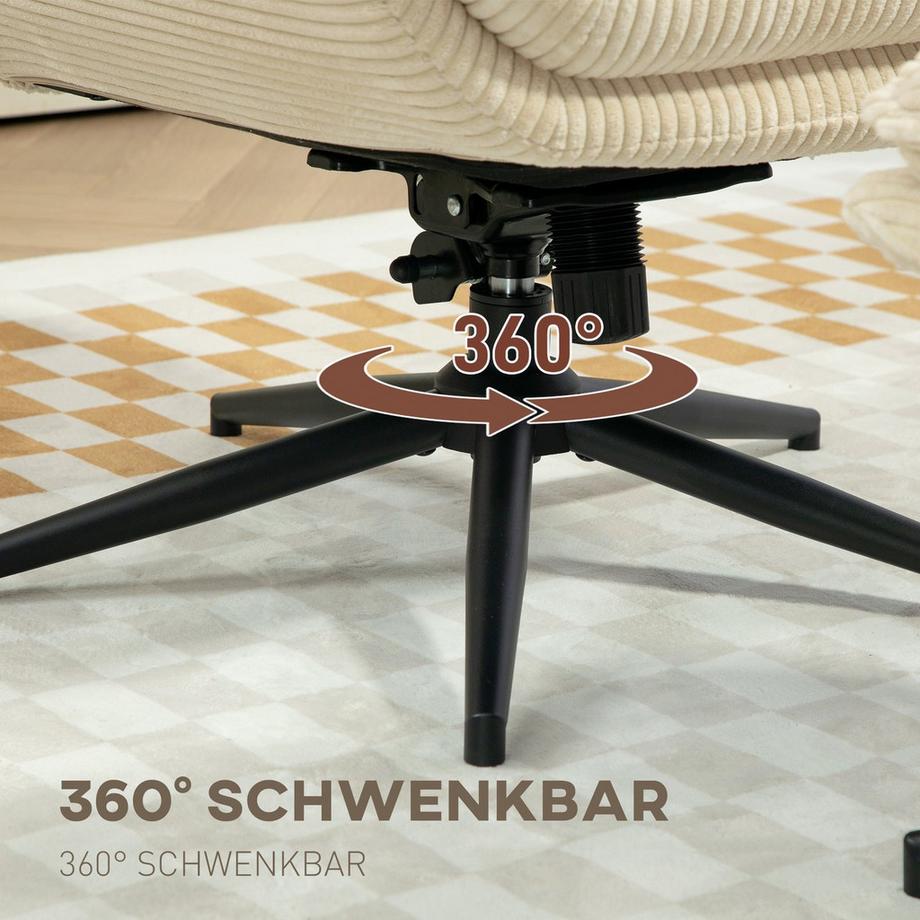 Northio Relaxsessel mit Hocker 360°Drehbarer Fernsehsessel mit Liegefunktion TV-Sessel mit Cord-Optik, Ruhesessel für Wohnzimmer, Schlafzimmer, Beige  