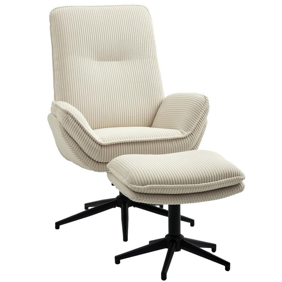 Relaxsessel mit Hocker 360°Drehbarer Fernsehsessel mit Liegefunktion TV-Sessel mit Cord-Optik, Ruhesessel für Wohnzimmer, Schlafzimmer, Beige