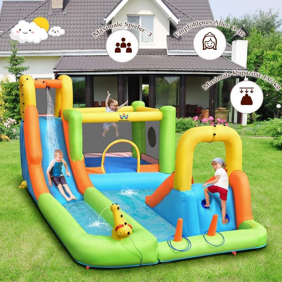 Northix  Hüpfburg mit Wasserpark & 2 Rutschen & Kletterwand & Basketballkorb 503 x 290 x 216 cm 