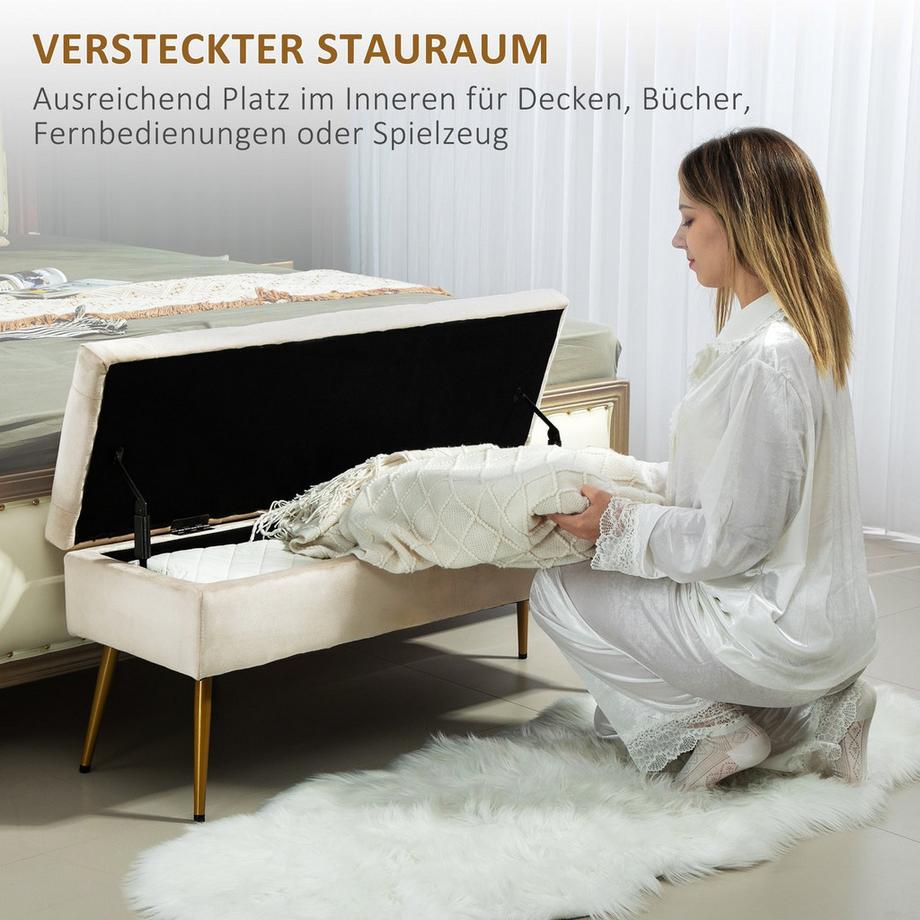 Northio Sitzbank mit Stauraum, Polsterbank mit Deckel, Bettbank mit Samtoptik, für Flur Schlafzimmer Wohnzimmer, Metallrahmen 102 x 35 x 43 cm Beige  