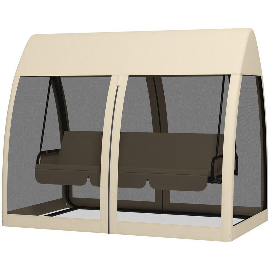 Outsuuny 2 in 1 Hollywoodschaukel mit Liegefunktion 3-Sitzer Gartenschaukel mit Baldachin, Mückennetz, Schaukelbank belast bis 300kg, Gartenliege für Garten, Terrasse, 240 x 140 x 197 cm, Kaffee