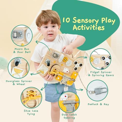 Activity-board  Tableau de motricité - Tableau d'activités avec 10 activités - en bois - jouet de motricité pour enfants pour des heures d'activité - jouet de voyage parfait 