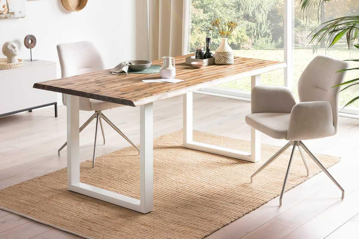 mutoni Table de salle à manger en acacia naturel blanc 140x80  