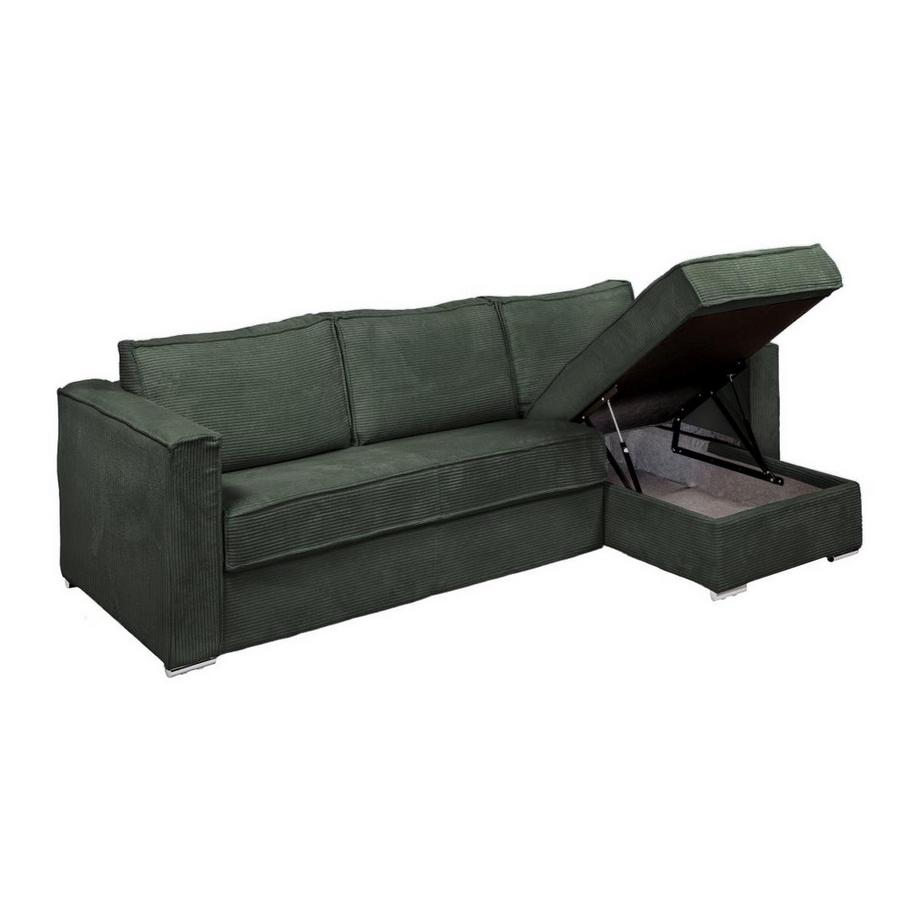 Vente-unique Eckschlafsofa mit Matratze - Ecke wechselbar - Cord - Grün - Liegefläche mit Lattenrost mit breiten Latten 140 cm - Matratze 22 cm - LORETO  
