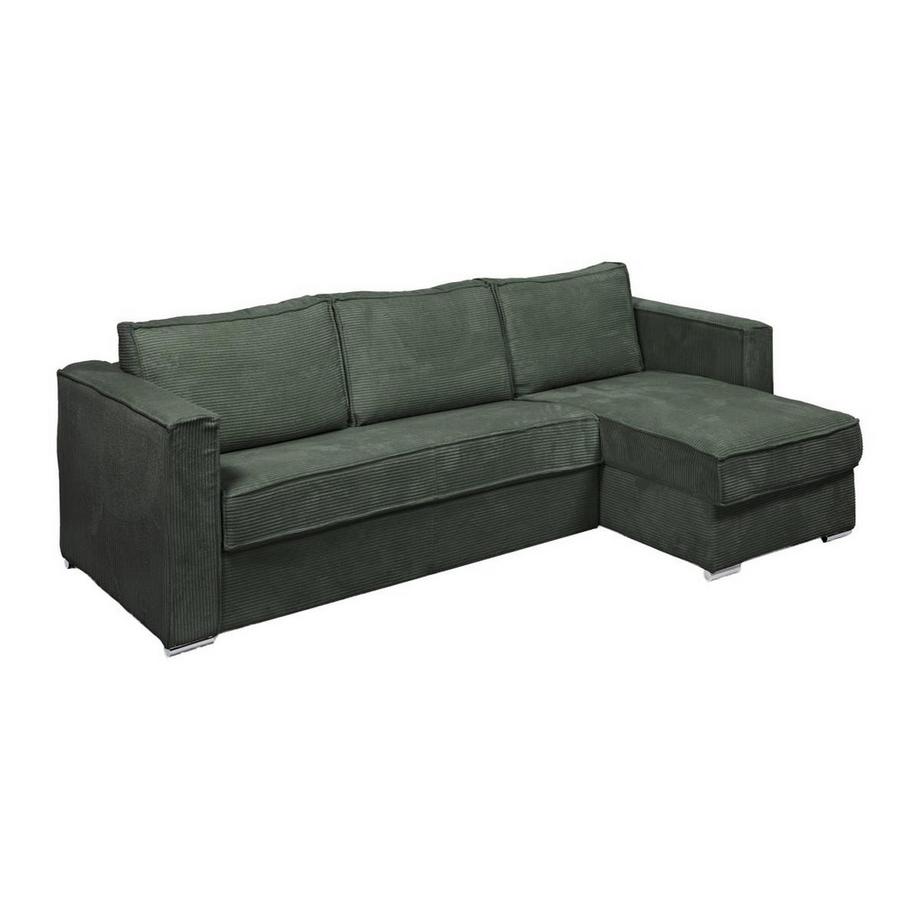 Eckschlafsofa mit Matratze - Ecke wechselbar - Cord - Grün - Liegefläche mit Lattenrost mit breiten Latten 140 cm - Matratze 22 cm - LORETO