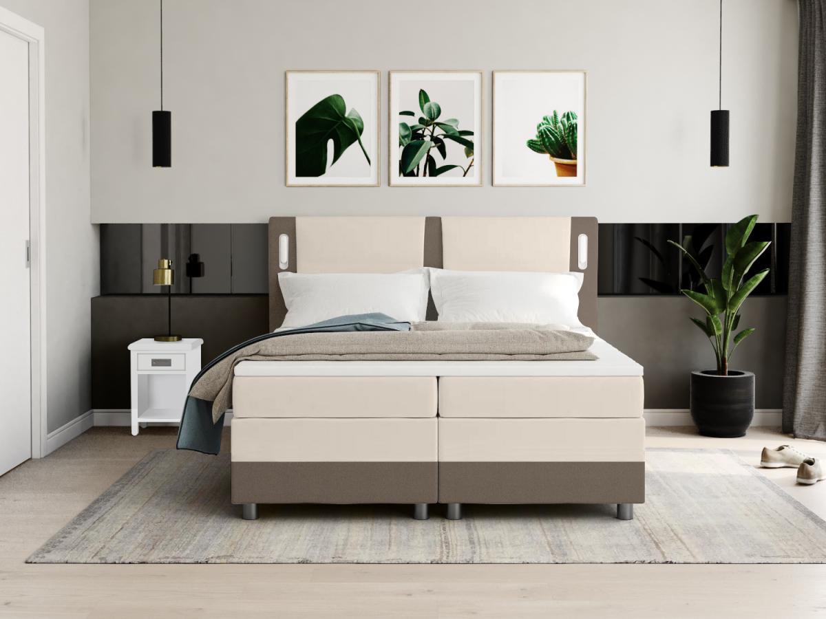 DREAMEA Set boxspring testata LED+reti+materasso+topper Tessuto Similpelle Crema RIMINI di DREAMEA  