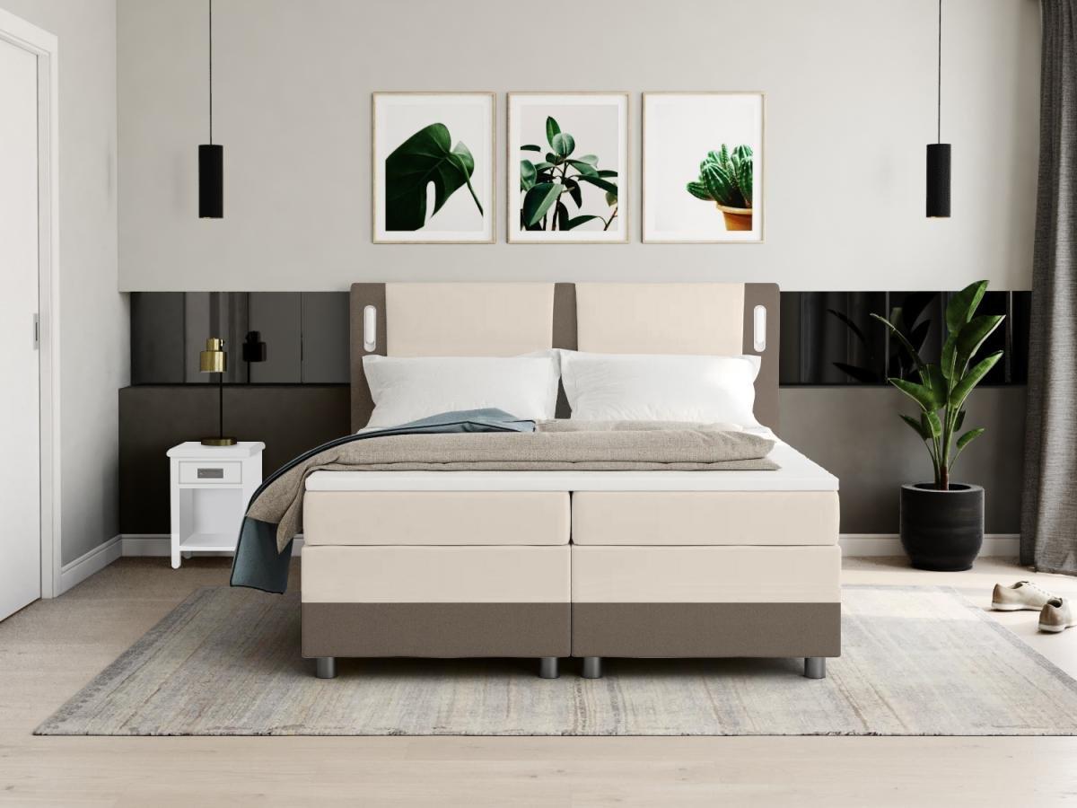 DREAMEA Ensemble boxspring complet tête de lit avec Leds + sommiers + matelas + surmatelas RIMINI de DREAMEA tissu simili crème  