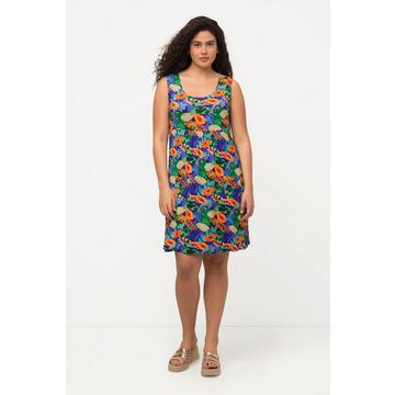 Robe midi sans manches et à col rond, couture latérale froncée