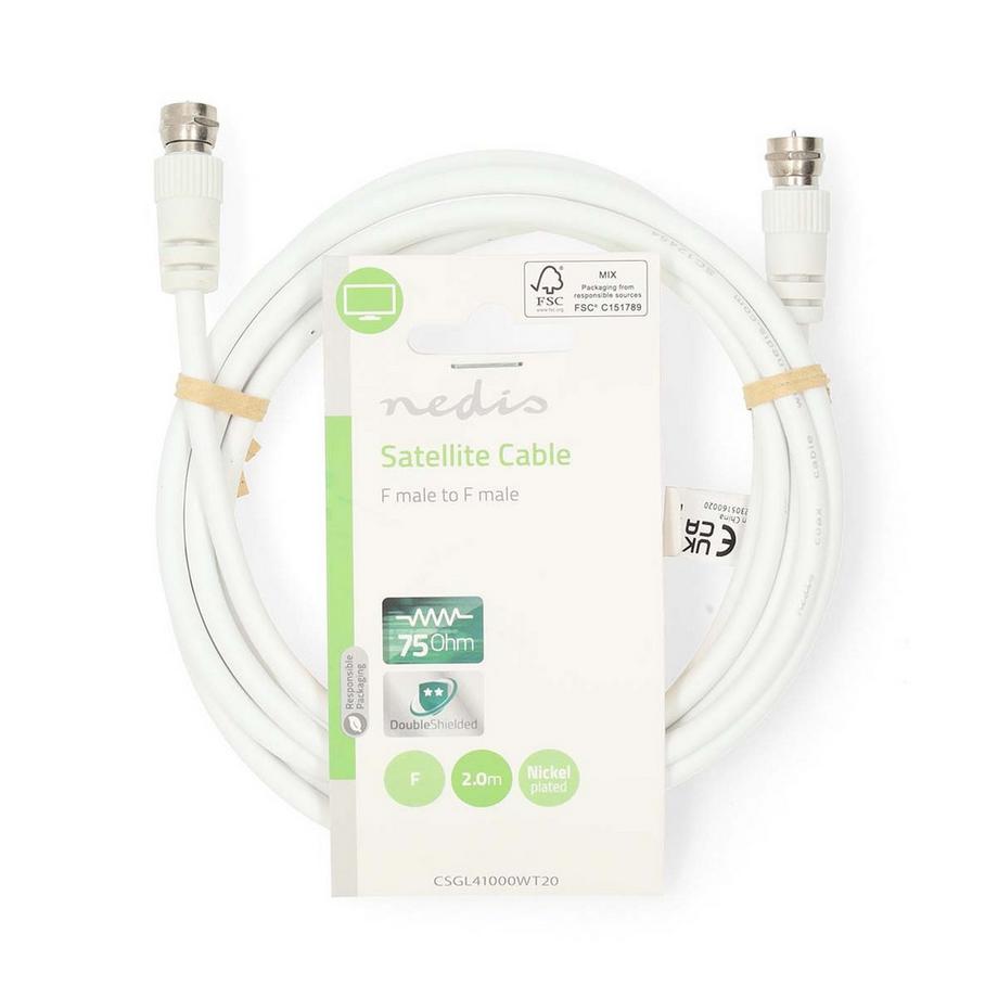 Nedis  Satelliten- & Antennenkabel | F Hane | F Hane | Nickelplaterad | 75 Ohm | Dubbelskärmad | 2,00 m | Rund | PVC | Vit | Etikett 