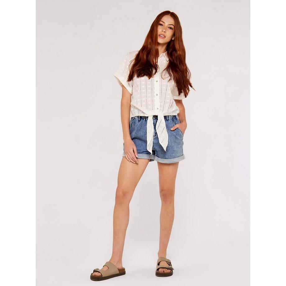 Short en jean à ourlet roulé et fronces