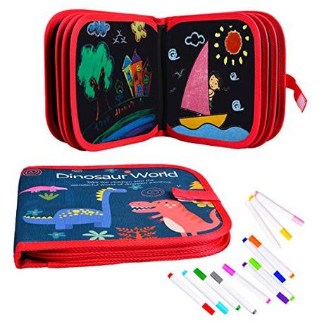 Activity-board  Livre de coloriage effaçable pour enfants, livre de coloriage portable pour enfants, planche à dessin réutilisable de 14 pages avec 12 crayons de couleur - dinosaure 