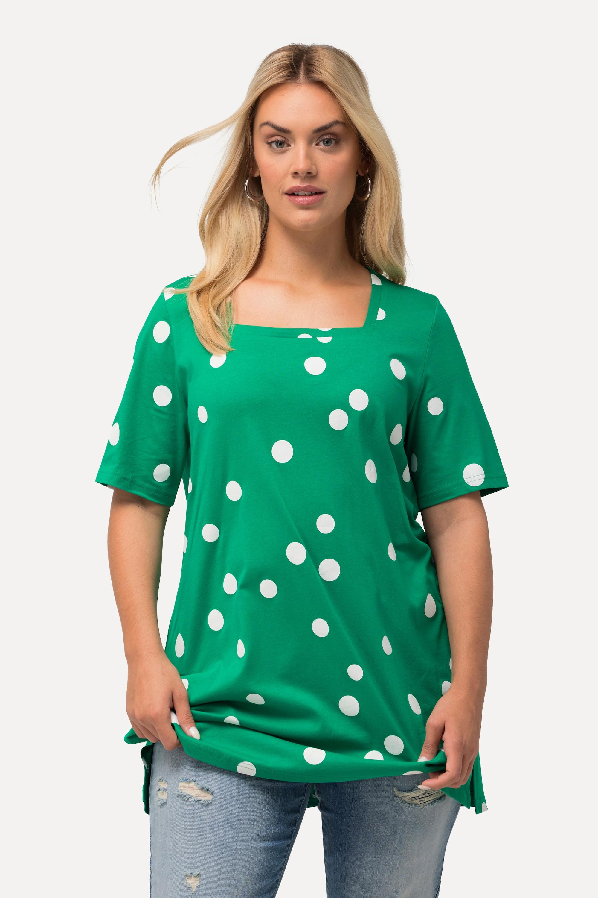 Ulla Popken  T-shirt long à pois, ligne A, décolleté carré et manches courtes 