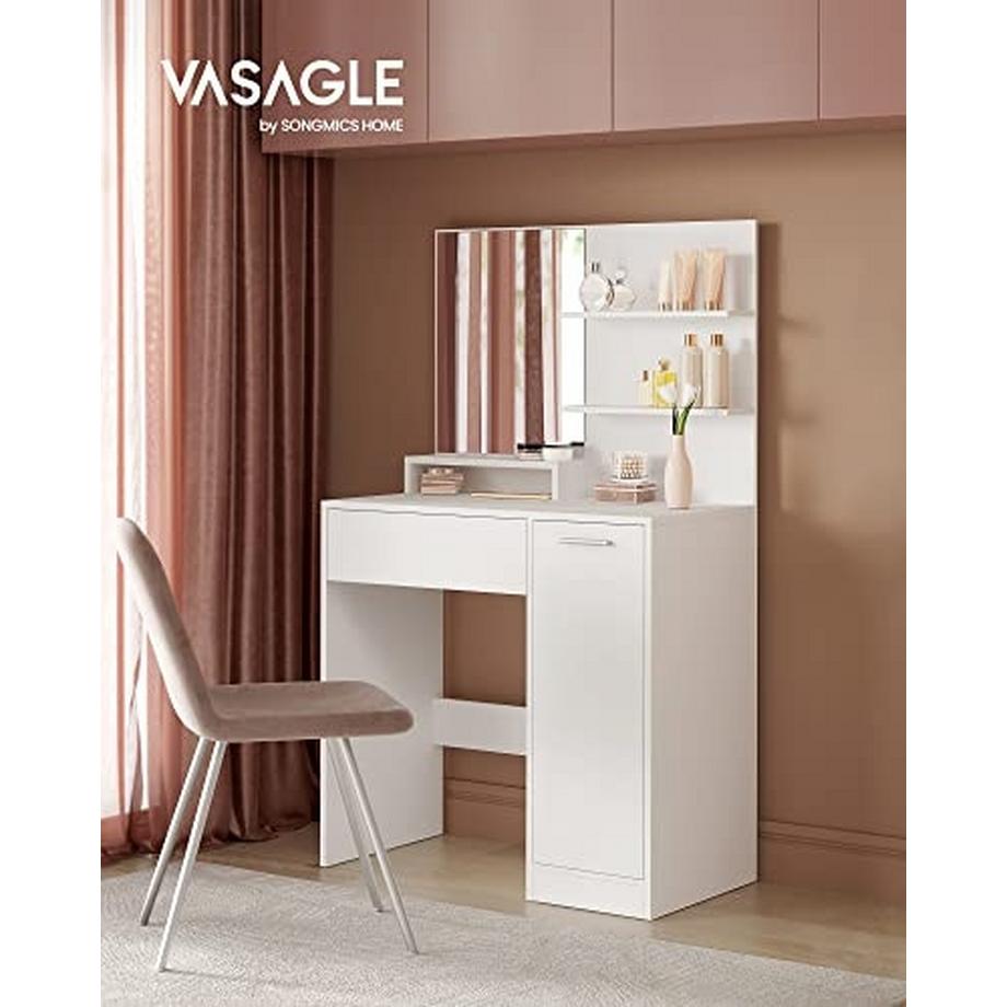 Pricenet  Coiffeuse blanche élégante avec miroir et étagères de rangement 