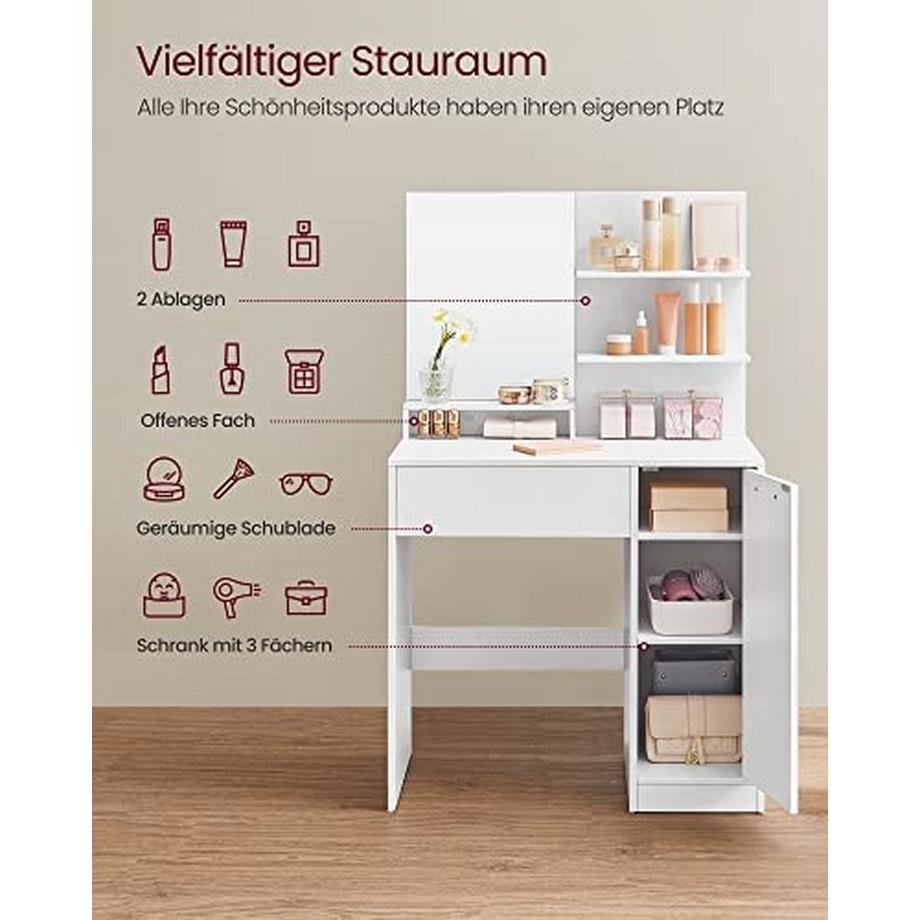 Pricenet  Coiffeuse blanche élégante avec miroir et étagères de rangement 