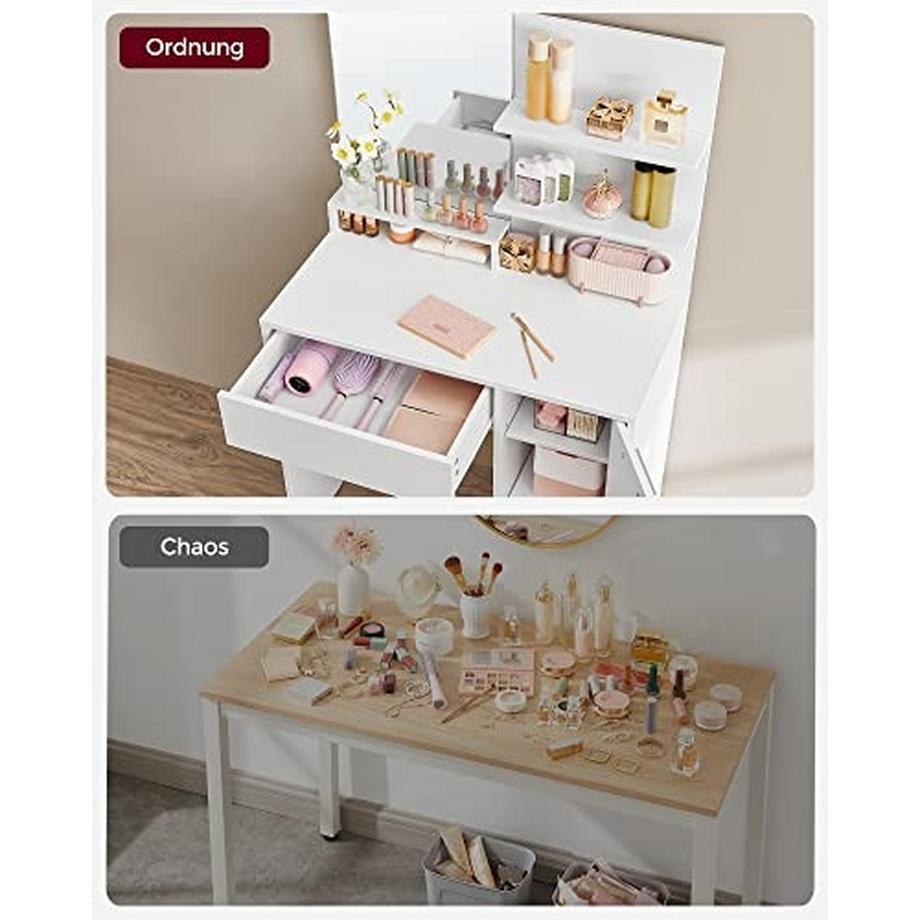 Pricenet  Coiffeuse blanche élégante avec miroir et étagères de rangement 
