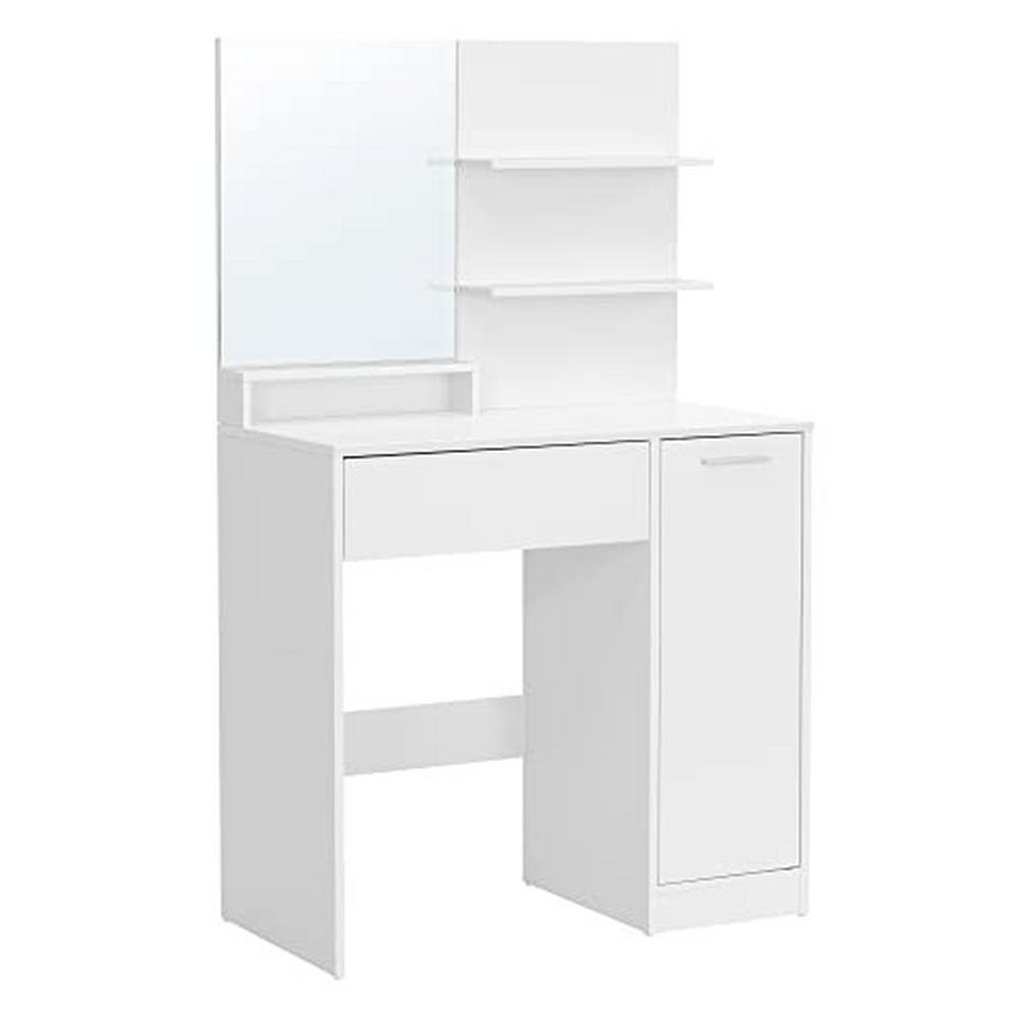 Pricenet  Coiffeuse blanche élégante avec miroir et étagères de rangement 