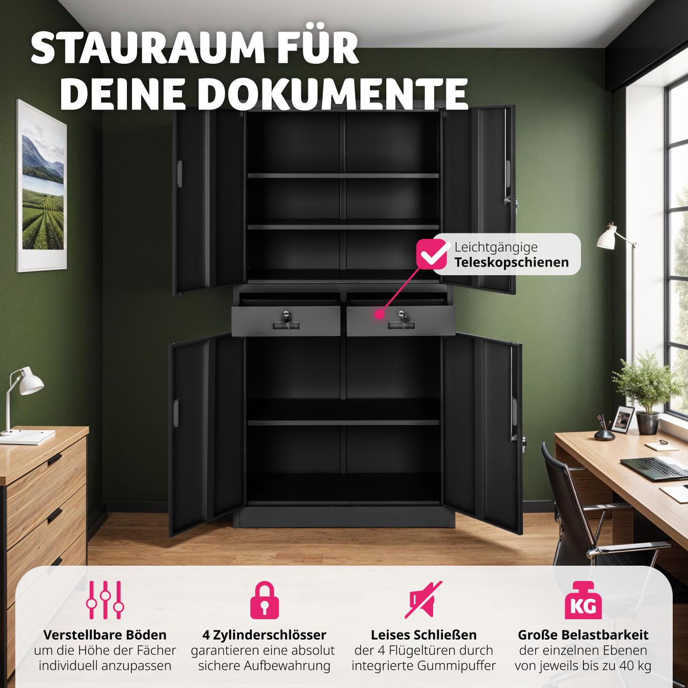 Tectake Aktenschrank Cosmo mit 2 Schubfächern 40x80x180cm abschliessbar  