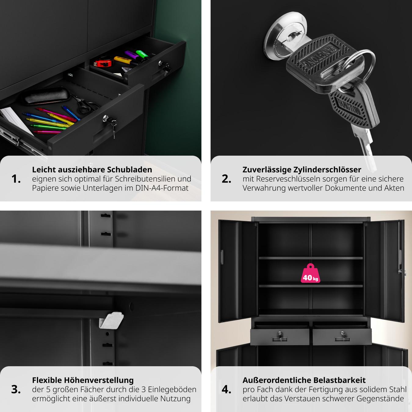 Tectake Aktenschrank Cosmo mit 2 Schubfächern 40x80x180cm abschliessbar  