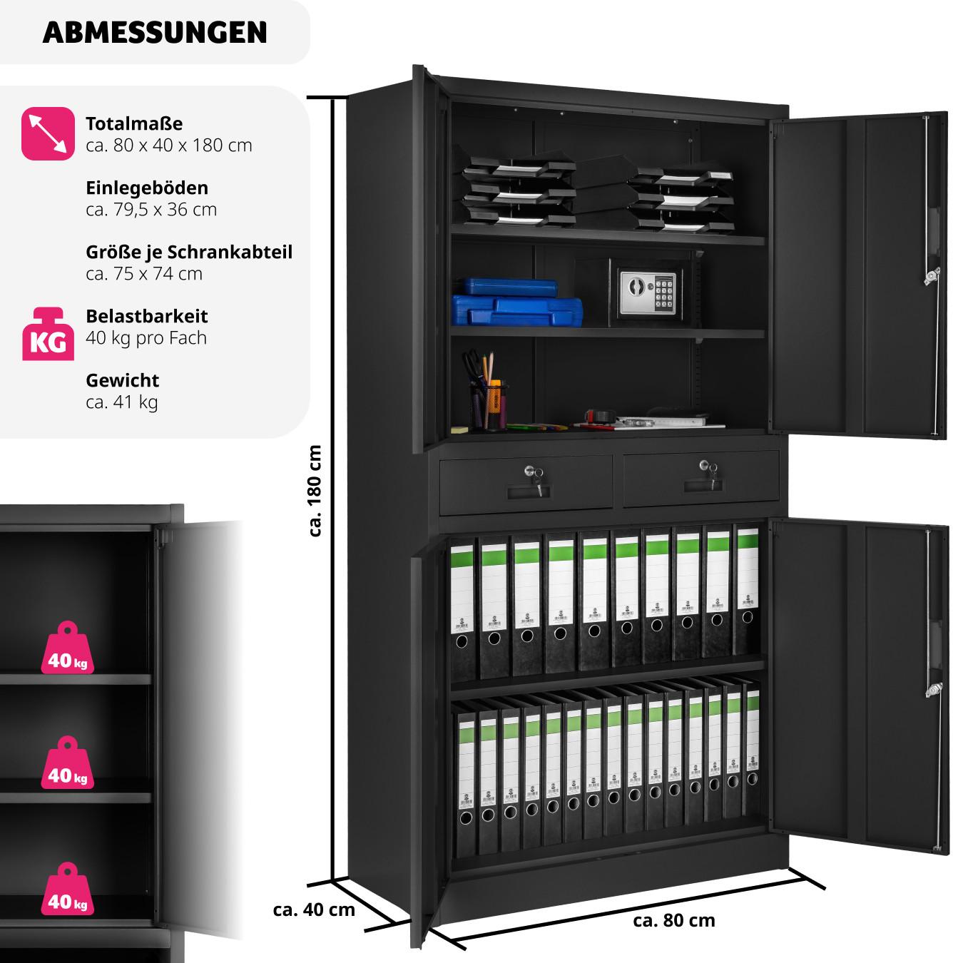 Tectake Aktenschrank Cosmo mit 2 Schubfächern 40x80x180cm abschliessbar  