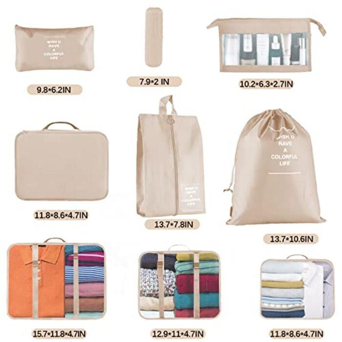 Only-bags.store  Cubes de rangement pour valises, 9 pièces Organisateur de bagages pour sac à dos 