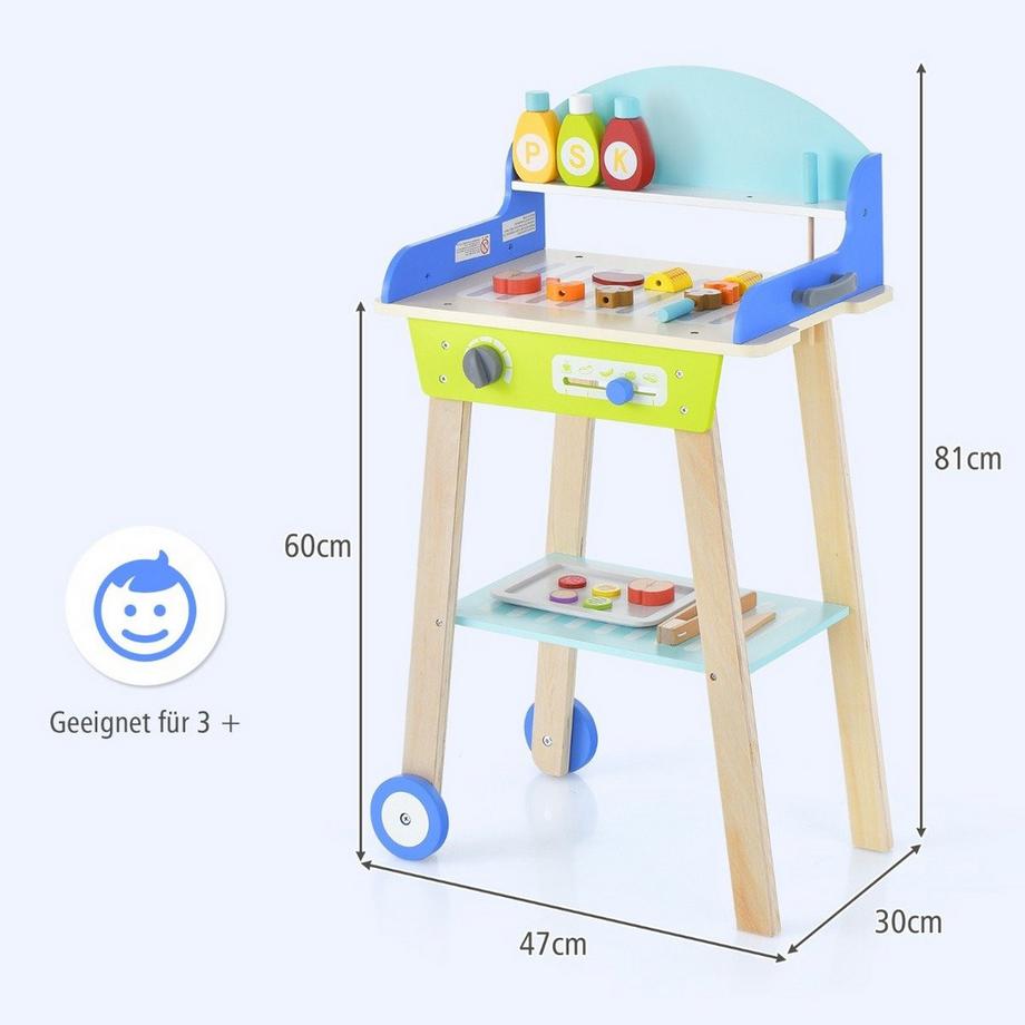 Northio  Spielzeug Grill Set aus Holz mit Schiebegriff & Räder & Zubehören Kinder Spielküche BBQ 