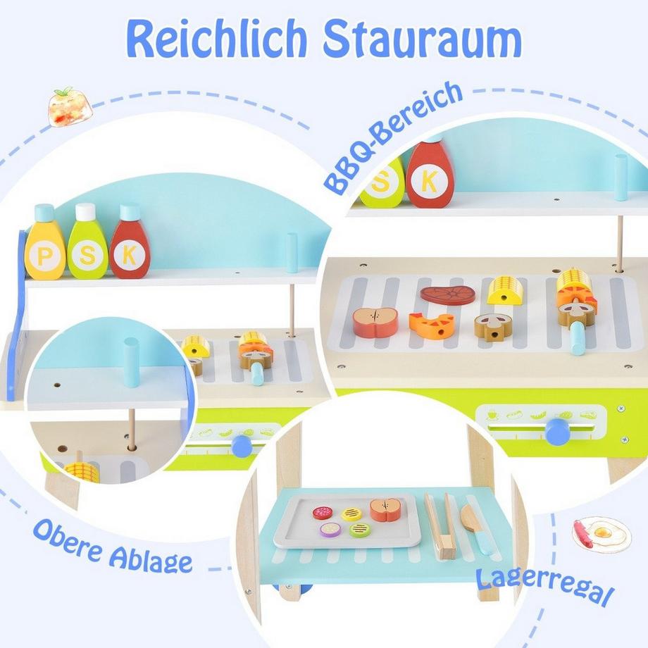 Northio  Spielzeug Grill Set aus Holz mit Schiebegriff & Räder & Zubehören Kinder Spielküche BBQ 