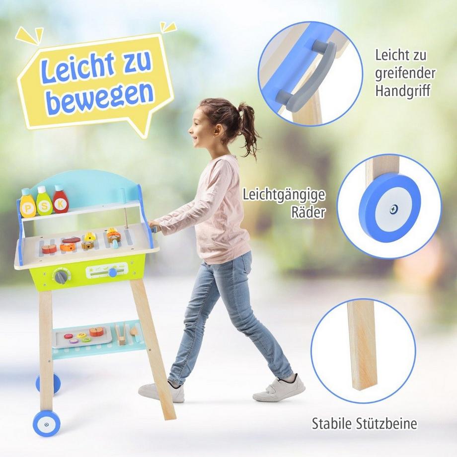 Northio  Spielzeug Grill Set aus Holz mit Schiebegriff & Räder & Zubehören Kinder Spielküche BBQ 