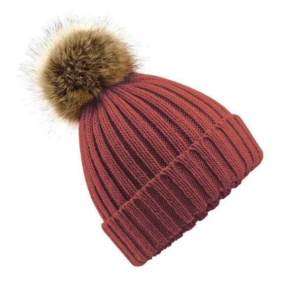 Image of Chunky Beanie Mütze Mit Kunstfellbommel Damen Erdbeere ONE SIZE